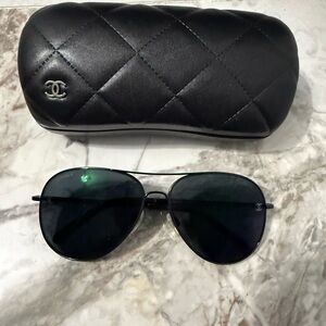 CHANEL Black Aviator Sunglasses with Quilted Case